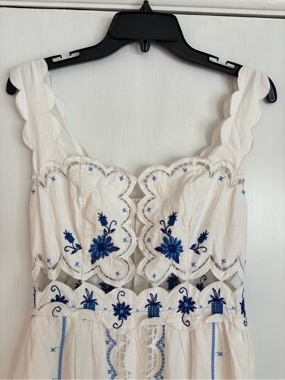 Farm Rio Cross Stitch Richelieu Sunflower Midi Dress white and blue sundress - Picture 6 of 10